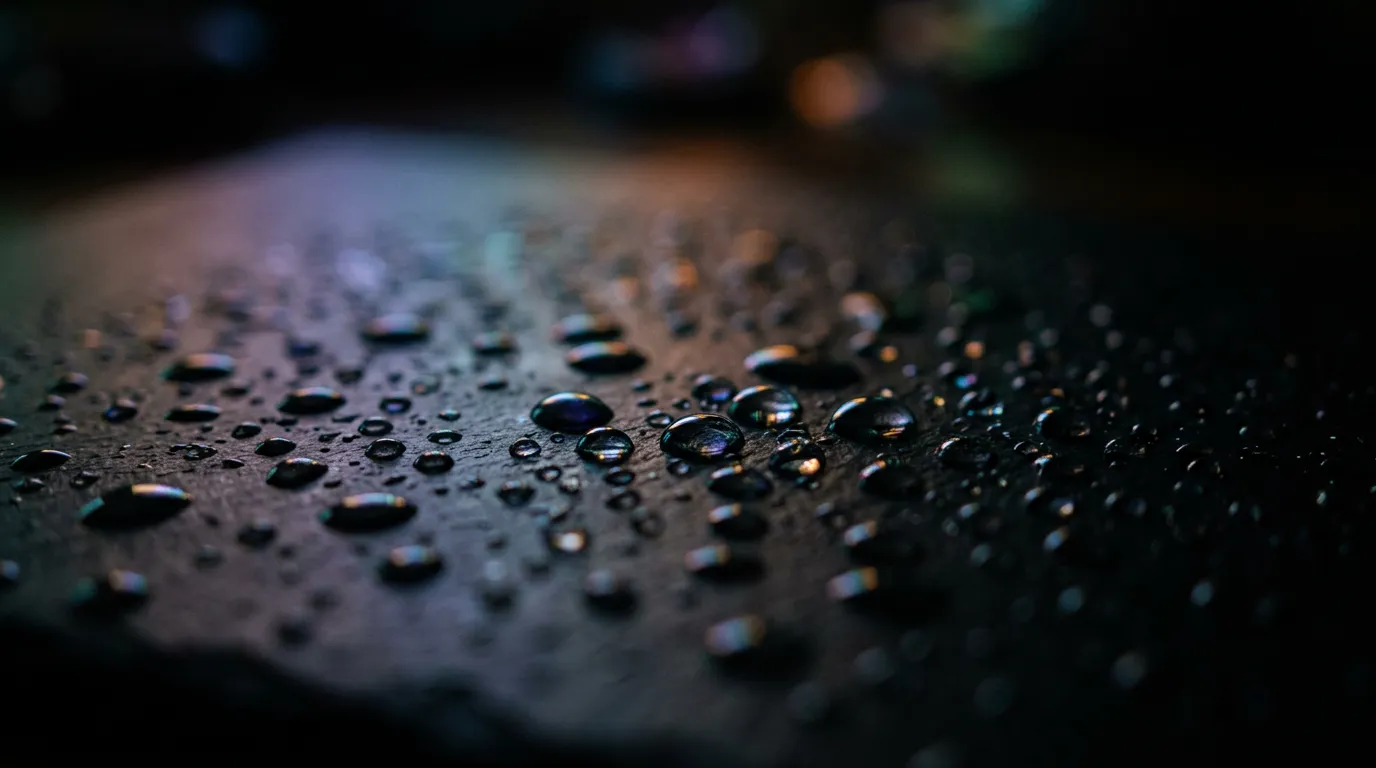 Abstract water droplets on dark surface with subtle colorful light reflections, shallow depth of field, artistic photography